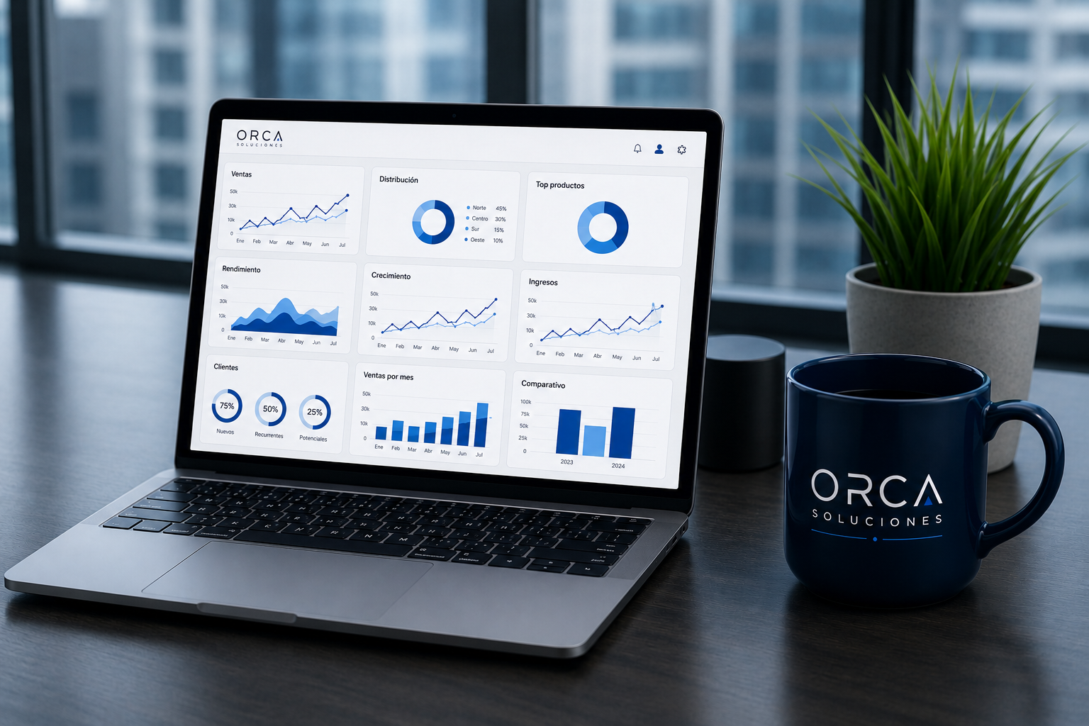 Laptop con dashboards y taza ORCA Soluciones